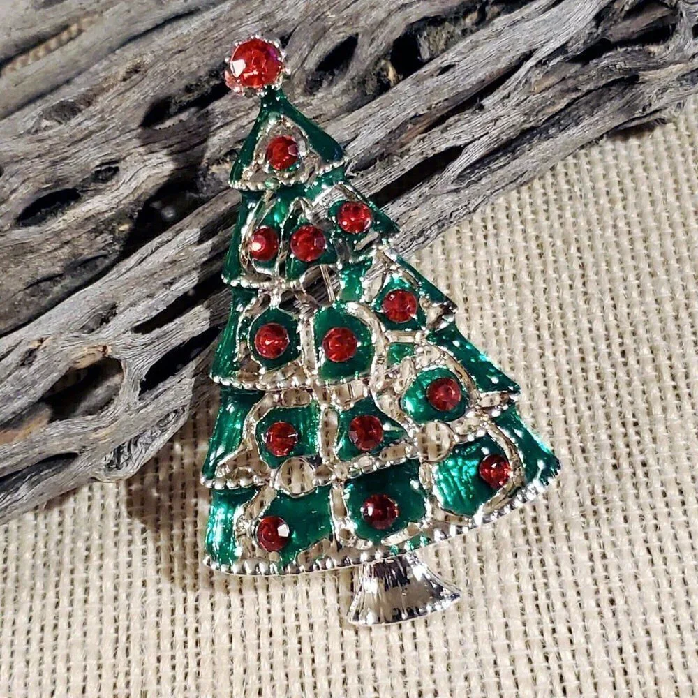 Y2K 90s VintageRed Rhinestone Christmas Tree Enamel Christmas Sweater Pin Brooch